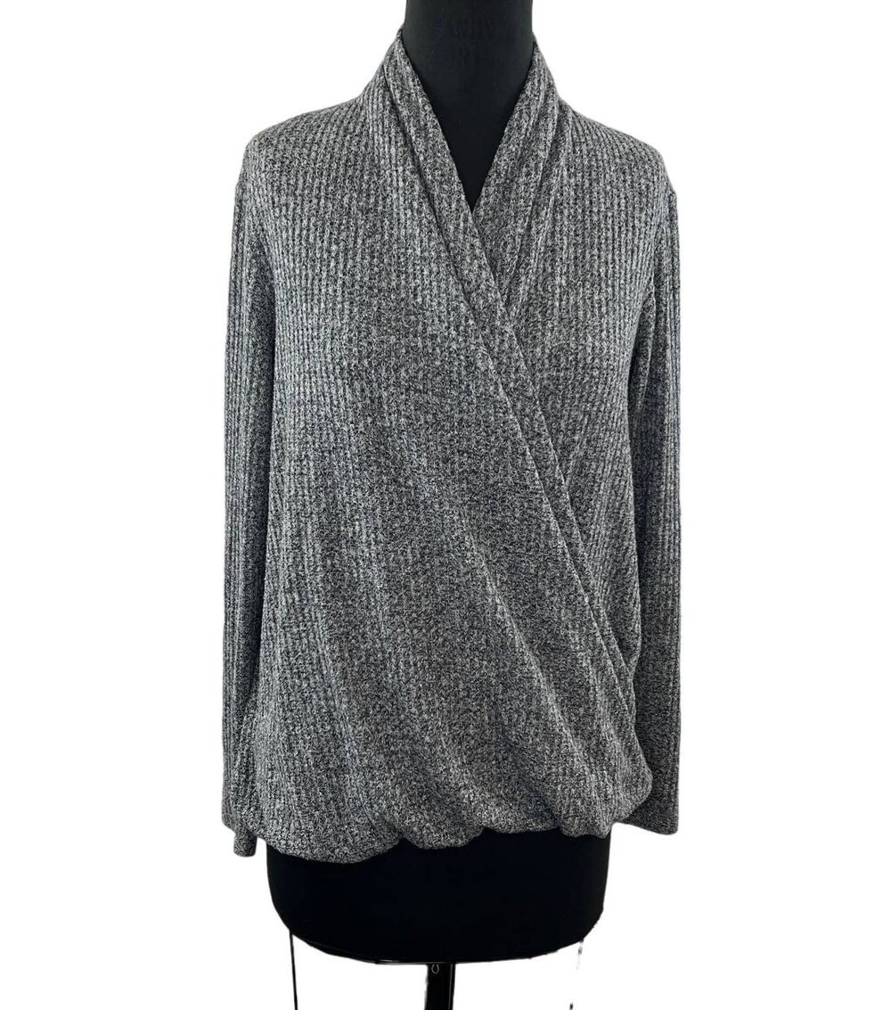 Anthropologie Akemi & Kin Woodruff Gray Ribbed Wrap Sweater Top Draped Knit M